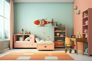 moderno bambino Camera da letto interno design nel Casa con decorazione bambini. colorato bambini Camera da letto concetto di ai generato foto