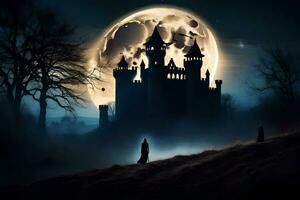 un' castello nel il notte con un' pieno Luna. ai-generato foto