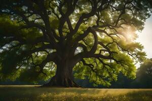 il sole brilla attraverso il le foglie di un vecchio quercia albero. ai-generato foto