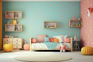 moderno bambino Camera da letto interno design nel Casa con decorazione bambini. colorato bambini Camera da letto concetto di ai generato foto