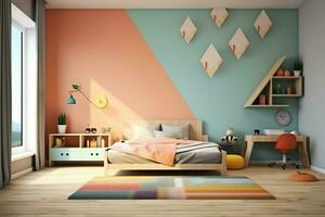 moderno bambino Camera da letto interno design nel Casa con decorazione bambini. colorato bambini Camera da letto concetto di ai generato foto