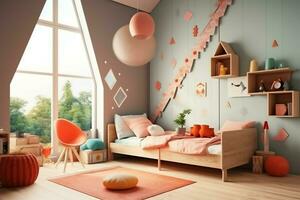 moderno bambino Camera da letto interno design nel Casa con decorazione bambini. colorato bambini Camera da letto concetto di ai generato foto