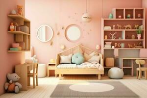 moderno bambino Camera da letto interno design nel Casa con decorazione bambini. colorato bambini Camera da letto concetto di ai generato foto