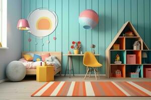 moderno bambino Camera da letto interno design nel Casa con decorazione bambini. colorato bambini Camera da letto concetto di ai generato foto