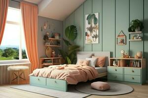 moderno bambino Camera da letto interno design nel Casa con decorazione bambini. colorato bambini Camera da letto concetto di ai generato foto