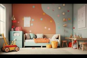 moderno bambino Camera da letto interno design nel Casa con decorazione bambini. colorato bambini Camera da letto concetto di ai generato foto