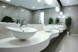 moderno pubblico bagno con riga di bianca ceramica lavare Lavello bacini e rubinetto con specchio nel toilette concetto di ai generato foto