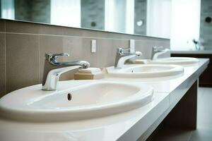 moderno pubblico bagno con riga di bianca ceramica lavare Lavello bacini e rubinetto con specchio nel toilette concetto di ai generato foto