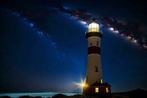 un' faro è illuminato su di il stelle e il latteo modo. ai-generato foto