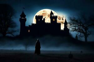 un' uomo nel un' nero mantello sta nel davanti di un' castello nel il scuro. ai-generato foto
