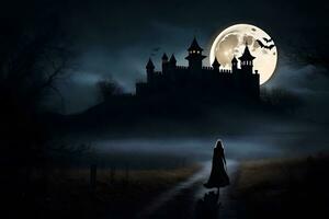 un' donna nel un' nero vestito passeggiate nel davanti di un' castello a notte. ai-generato foto