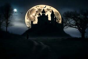un' castello nel il buio con un' pieno Luna. ai-generato foto