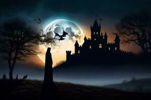 Halloween castello con pipistrelli e Luna nel il sfondo. ai-generato foto