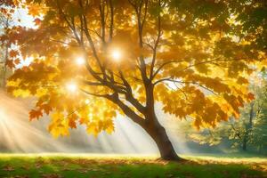 autunno albero con raggi di sole splendente attraverso le foglie. ai-generato foto