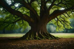 un' grande albero con verde le foglie nel il mezzo di un' campo. ai-generato foto