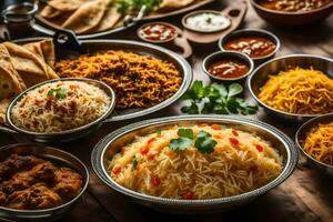 indiano cibo piatti nel ciotole su un' di legno tavolo. ai-generato foto