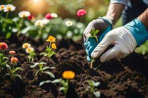 un' persona nel guanti e guanti è piantare fiori. ai-generato foto