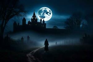 un' persona a piedi nel il buio a notte con un' castello nel il sfondo. ai-generato foto
