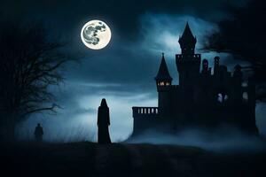 un' uomo nel un' nero mantello passeggiate nel davanti di un' castello a notte. ai-generato foto