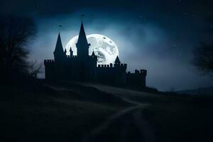 castello nel il notte con pieno Luna. ai-generato foto