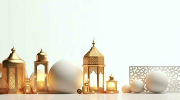 eid mubarak e Ramadan kareem saluti con islamico lanterna e moschea. eid al Fitr sfondo. eid al Fitr sfondo di finestra concetto di ai generato foto