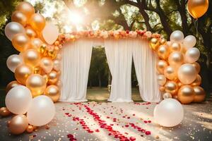 un' nozze arco con oro palloncini e bianca tende. ai-generato foto