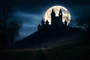 Halloween castello con chiaro di luna. ai-generato foto