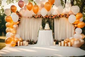 un' nozze torta è circondato di palloncini e bianca e oro decorazioni. ai-generato foto
