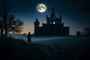 un' donna passeggiate in direzione un' castello a notte. ai-generato foto