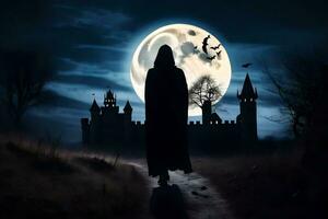 un' persona nel un' nero mantello passeggiate in direzione un' castello a notte. ai-generato foto