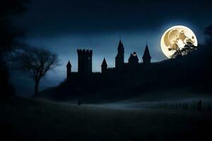 un' castello nel il buio con un' pieno Luna. ai-generato foto