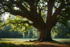 un' grande albero nel il mezzo di un' campo. ai-generato foto