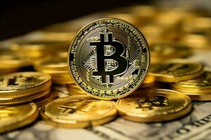 d'oro bitcoin digitale criptovaluta futuristico i soldi. tecnologia attività commerciale Internet commercio concetto di ai generato foto