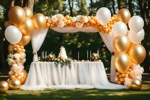 nozze decorazione con oro palloncini e bianca tulle. ai-generato foto