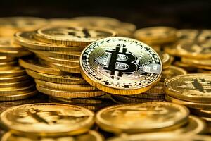 d'oro bitcoin digitale criptovaluta futuristico i soldi. tecnologia attività commerciale Internet commercio concetto di ai generato foto