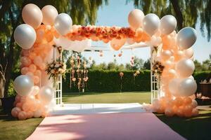 un' nozze arco decorato con rosa e bianca palloncini. ai-generato foto