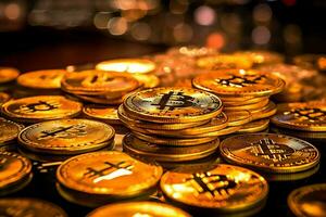 d'oro bitcoin digitale criptovaluta futuristico i soldi. tecnologia attività commerciale Internet commercio concetto di ai generato foto