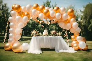 un' nozze arco con oro palloncini e bianca tulle. ai-generato foto