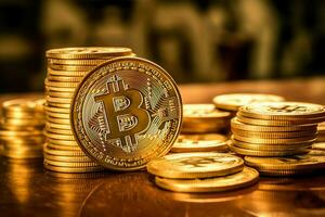 d'oro bitcoin digitale criptovaluta futuristico i soldi. tecnologia attività commerciale Internet commercio concetto di ai generato foto