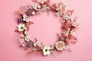 romantico mazzo di vuoto floreale rosa fiori con copia spazio. naturale floreale rosa telaio disposizione concetto di ai generato foto