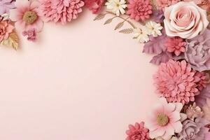 romantico mazzo di vuoto floreale rosa fiori con copia spazio. naturale floreale rosa telaio disposizione concetto di ai generato foto