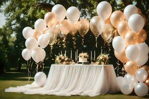 un' nozze tavolo coperto nel palloncini e bianca tulle. ai-generato foto