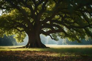 un' grande albero nel il mezzo di un' campo. ai-generato foto