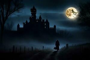 un' uomo passeggiate attraverso un' nebbioso foresta a notte con un' castello nel il sfondo. ai-generato foto