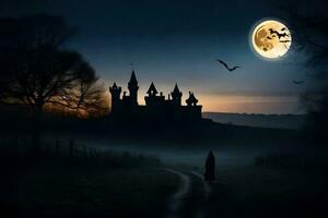 un' castello nel il buio con pipistrelli volante al di sopra di esso. ai-generato foto
