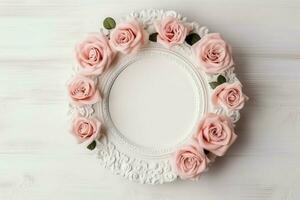 romantico mazzo di vuoto floreale rosa fiori con copia spazio. naturale floreale rosa telaio disposizione concetto di ai generato foto