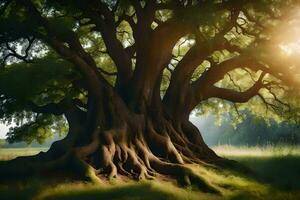 il sole brilla attraverso il albero tronco di un vecchio albero. ai-generato foto