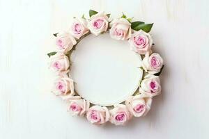 romantico mazzo di vuoto floreale rosa fiori con copia spazio. naturale floreale rosa telaio disposizione concetto di ai generato foto