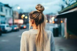 un' bellissimo sposa con un' ciambella acconciature per lungo capelli Guarda a partire dal Indietro. un' femmina acconciatura posteriore Visualizza concetto di ai generato foto