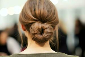 un' bellissimo sposa con un' ciambella acconciature per lungo capelli Guarda a partire dal Indietro. un' femmina acconciatura posteriore Visualizza concetto di ai generato foto